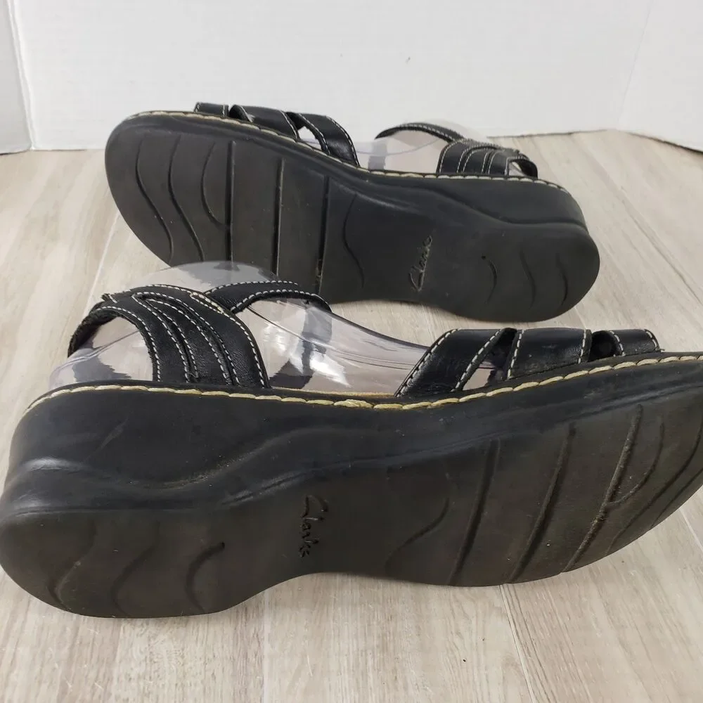 Clarks Bendables Black Leather Sandals Women's 9M Adjustable Medallion